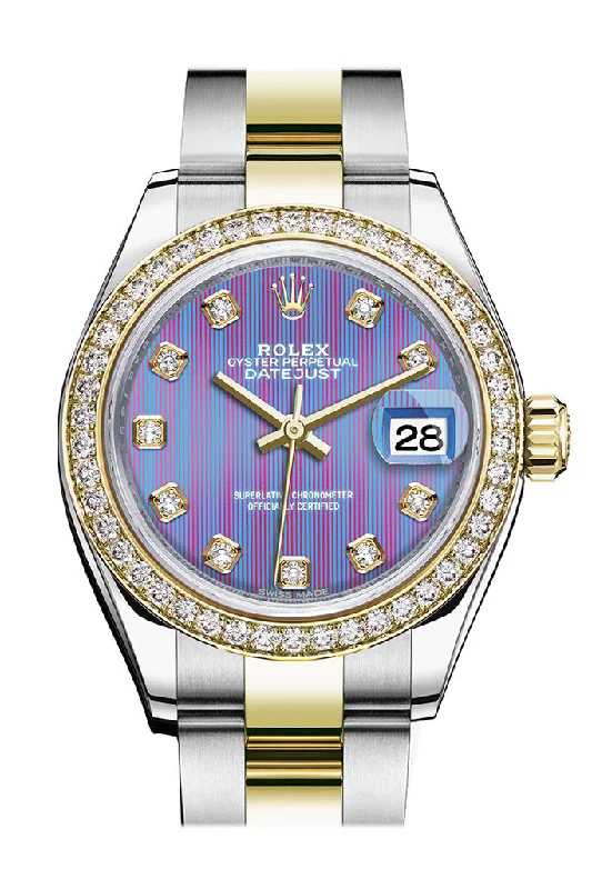 Watches with Dauphine-Style Hands for an Elegant LookRolex Datejust 28 Lavender set with diamonds Dial Diamond Bezel Yellow Gold Ladies Watch 279383RBR 279383