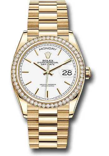 Watches with Sword-Style Hands for a Distinctive LookRolex Yellow Gold Day-Date 36 Watch - Diamond Bezel - White Roman Dial - President Bracelet - 128348rbr wrp