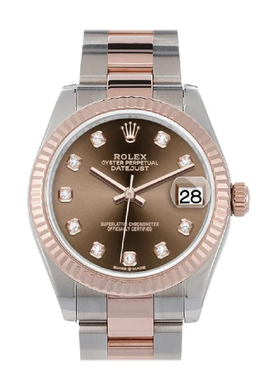 Stainless Steel Bracelet Watches for DurabilityRolex Datejust 31 Chocolate Diamond Dial Fluted Bezel 18K Everose Gold Two Tone Watch 278271