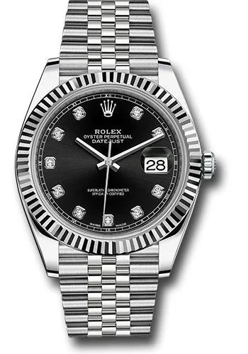 Round Dial Watches with Roman NumeralsRolex Steel and White Gold Rolesor Datejust 41 Watch - Fluted Bezel - Black Diamond Dial - Jubilee Bracelet - 126334 bkdj