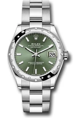 Watches with Glossy Finish Cases for a Shiny AppealRolex Steel and White Gold Datejust 31 Watch - Domed 24 Diamond Bezel - Mint Green Index Dial - Oyster Bracelet - 2020 Release - 278344RBR mgio