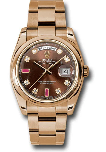 Watches with Power Reserve Indicator (for mechanical)Rolex Everose Gold Day-Date 36 Watch - Domed Bezel - Chocolate Diamond And Ruby Dial - Oyster Bracelet - 118205 chodro