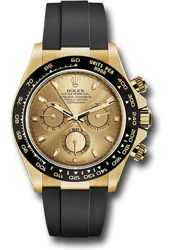 Watches with Engraved Dials for PersonalizationRolex Yellow Gold Cosmograph Daytona 40 Watch - Champagne Index Dial - Black Oysterflex Strap - 116518LN chof