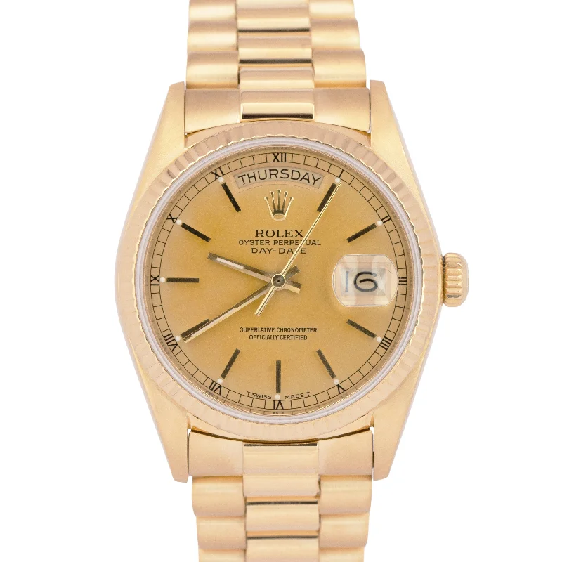 Mechanical Watches with Hand-Winding MechanismMINT 1988 Rolex Day-Date President Champagne 36mm 18K Yellow Gold Watch 18038