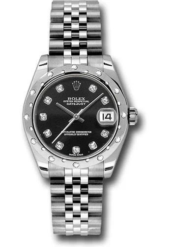 Square Dial Watches with Modern DesignRolex Steel and White Gold Datejust 31 Watch - 24 Diamond Bezel - Black Diamond Dial - Jubilee Bracelet - 178344 bkdj