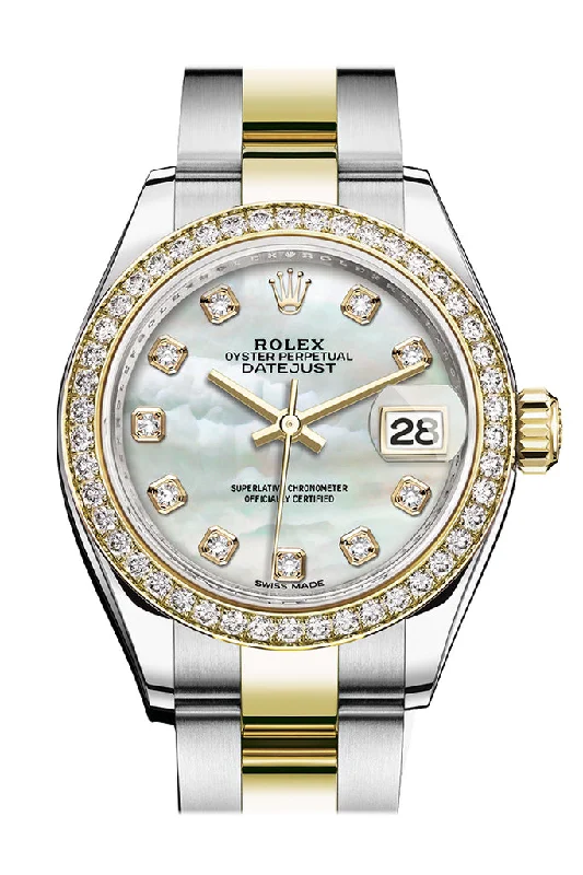 Hybrid Smartwatches with Traditional Watch AestheticsRolex Datejust 28 White mother-of-pearl set with diamonds Dial Diamond Bezel Yellow Gold Ladies Watch 279383RBR 279383