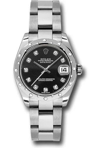 Adjustable Strap Watches for Perfect FitRolex Steel and White Gold Datejust 31 Watch - 24 Diamond Bezel - Black Diamond Dial - Oyster Bracelet - 178344 bkdo