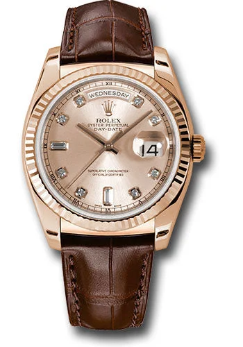 Watches with Glossy Finish Cases for a Shiny AppealRolex Everose Gold Day-Date 36 Watch - Fluted Bezel - Pink Diamond Dial - Brown Leather - 118135 pdl