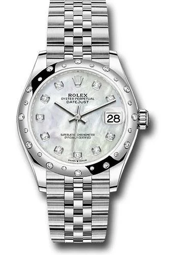 Watches with Engraved Dials for PersonalizationRolex Steel and White Gold Datejust 31 Watch - Domed 24 Diamond Bezel - White Mother-Of-Pearl Diamond Dial - Jubilee Bracelet - 2020 Release - 278344RBR mdj