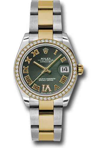 Watches with Skeletonized Hands for a Modern TwistRolex Steel and Yellow Gold Datejust 31 Watch - 46 Diamond Bezel - Olive Green Diamond Roman Vi Roman Dial - Oyster Bracelet 178383 ogdro