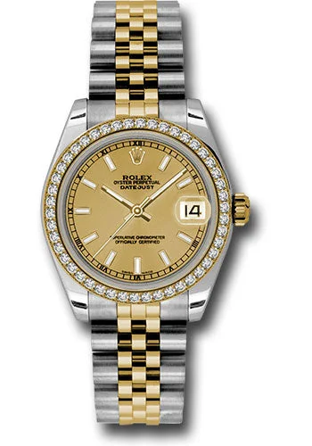 Watches with Braided Straps for a Handmade TouchRolex Steel and Yellow Gold Datejust 31 Watch - 46 Diamond Bezel - Champagne Index Dial - Jubilee Bracelet 178383 chij