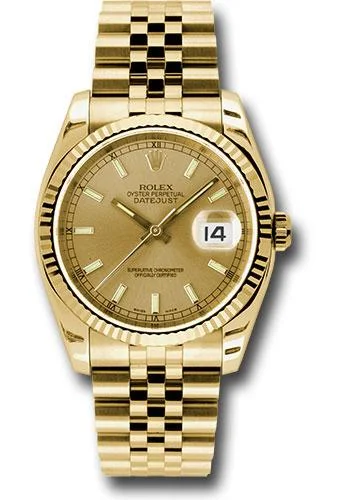 Designer Brand Watches with Unique Dial PatternsRolex Yellow Gold Datejust 36 Watch - Fluted Bezel - Champagne Index Dial - Jubilee Bracelet - 116238 chsj