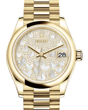 Men’s Dress Watches with Slim ProfilesRolex Lady-Datejust 31 Yellow Gold Mother of Pearl Butterfly Diamond Paved Dial & Smooth Domed Bezel President Bracelet 278248