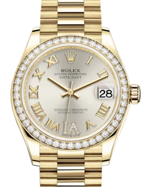 Watches with Backlight for Low-Light ConditionsRolex Lady-Datejust 31 Yellow Gold Silver Roman Diamond VI Dial & Diamond Bezel President Bracelet 278288RBR