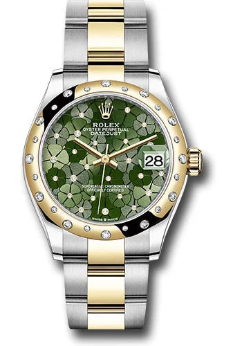 Leather Cuff Watches for a Bohemian LookRolex Yellow Rolesor Datejust 31 Watch - Domed, Diamond Bezel - Olive Green Floral Motif Diamond 6 Dial - Oyster Bracelet 278343rbr ogflomdo