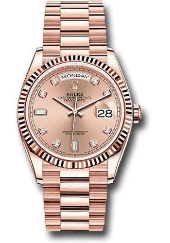 Classic Style Watches for Timeless AppealRolex Everose Gold Day-Date 36 Watch - Fluted Bezel - RosŽ Diamond Dial - President Bracelet - 128235 rodp