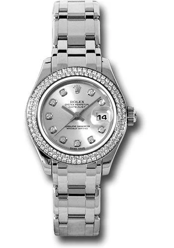 Leather Band Watches with Quick-Release BucklesRolex White Gold Lady-Datejust Pearlmaster 29 Watch - 116 Diamond Bezel - Silver Diamond Dial - 80339 sd