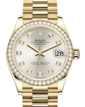 Women’s Dress Watches with Elegant StrapsRolex Lady-Datejust 31 Yellow Gold Silver Diamond Dial & Diamond Bezel President Bracelet 278288RBR