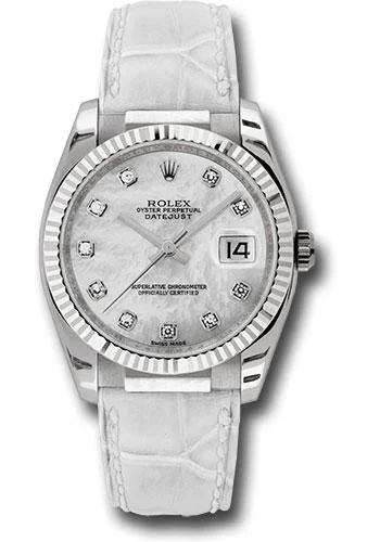 Watches with Embossed Dials for a Textured LookRolex White Gold Datejust 36 Watch - Fluted Bezel - Mother-Of-Pearl Diamond Dial - Leather - 116139 mdw