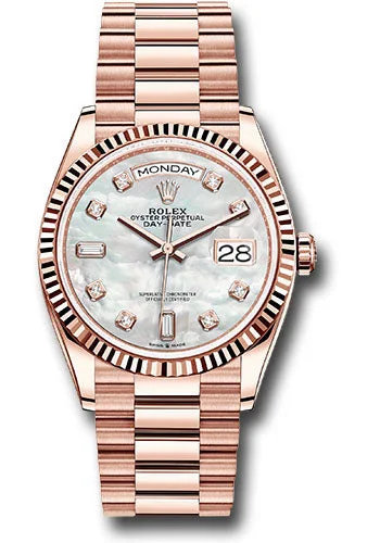 Watches with GMT FunctionRolex Everose Gold Day-Date 36 Watch - Fluted Bezel - Mother-of-Pearl Diamond Dial - President Bracelet - 128235 mdp