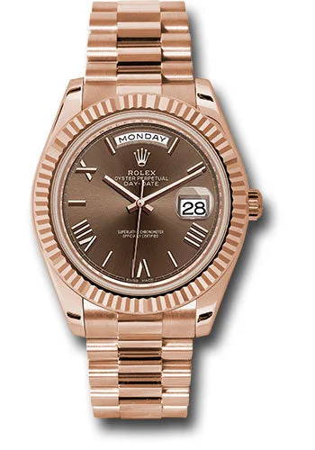 Watches with Skeletonized Hands for a Modern TwistRolex Everose Gold Day-Date 40 Watch - Fluted Bezel - Chocolate Bevelled Roman Dial - President Bracelet - 228235 chorp