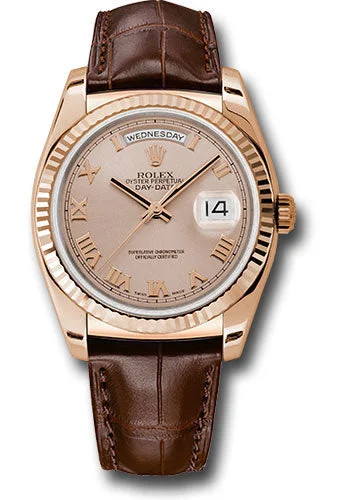 Luxury Brand Automatic Watches for MenRolex Everose Gold Day-Date 36 Watch - Fluted Bezel - Pink Roman Dial - Brown Leather - 118135 prl