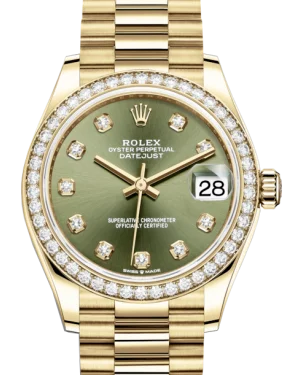 Watches with Two-Tone Cases for a Stylish AppearanceRolex Lady-Datejust 31 Yellow Gold Olive Green Diamond Dial & Diamond Bezel President Bracelet 278288RBR