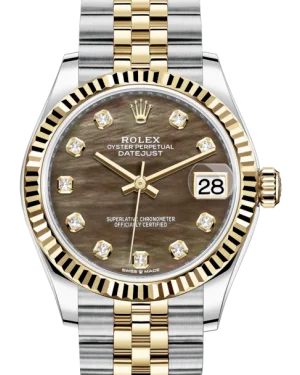 Watches with Glossy Finish Cases for a Shiny AppealRolex Lady-Datejust 31 Yellow Gold/Steel Black Mother of Pearl Diamond Dial & Fluted Bezel Jubilee Bracelet 278273