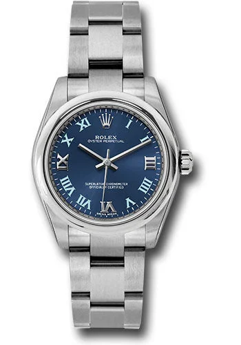 Watches with Braided Straps for a Handmade TouchRolex Steel Oyster Perpetual 31 Watch - Domed Bezel - Azzuro Blue Gold Iii VI Ix Roman Dial - 177200 blro