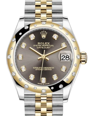 Leather Cuff Watches for a Bohemian LookRolex Lady-Datejust 31 Yellow Gold/Steel Dark Grey Diamond Dial & Domed Set with Diamonds Bezel Jubilee Bracelet 278343RBR