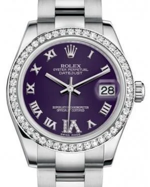 Luxury Brand Automatic Watches for MenRolex Datejust 31mm Lady Midsize White Gold/Steel Purple Roman Diamond VI Dial & Diamond Bezel Oyster Bracelet 178384 - NEW