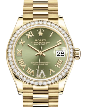 Watches with GMT FunctionRolex Lady-Datejust 31 Yellow Gold Olive Green Roman Diamond VI Dial & Diamond Bezel President Bracelet 278288RBR