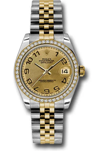 Watches with GMT FunctionRolex Steel and Yellow Gold Datejust 31 Watch - 46 Diamond Bezel - Champagne Concentric Circle Arabic Dial - Jubilee Bracelet 178383 chcaj