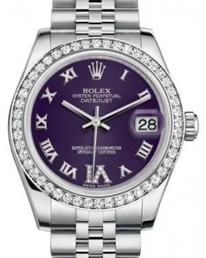 Stainless Steel Bracelet Watches for DurabilityRolex Datejust 31mm Lady Midsize White Gold/Steel Purple Roman Diamond VI Dial & Diamond Bezel Jubilee Bracelet 178384 - NEW