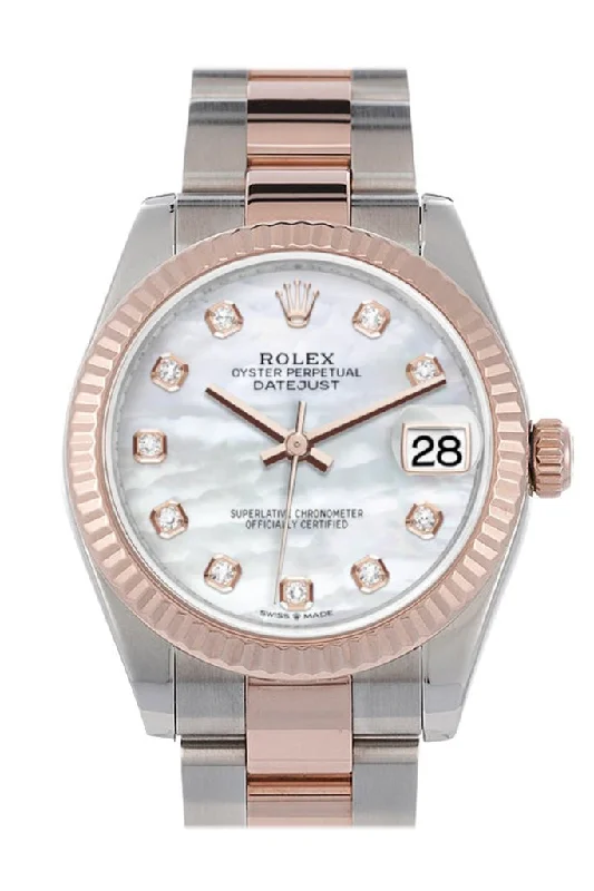 Watches with Skeletonized Hands for a Modern TwistRolex Datejust 31 Pearl Diamond Dial Fluted Bezel 18K Everose Gold Two Tone Watch 278271