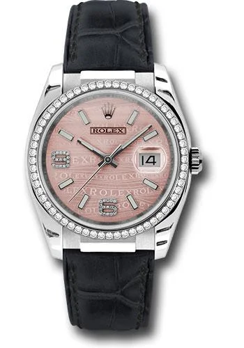 Watches with Luminous Markers for Night VisibilityRolex White Gold Datejust 36 Watch - 60 Diamond Bezel - Pink Wave Diamond 6 And 9 Arabic Dial - Leather - 116189 pwdal