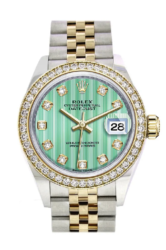 Watches with Glossy Finish Cases for a Shiny AppealRolex Datejust 28 Mint Green set with diamonds Dial Diamond Bezel Yellow Gold Jubilee Ladies Watch 279383RBR 279383