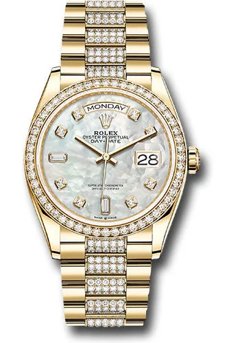 Watches with Rubber Straps for Comfort and DurabilityRolex Yellow Gold Day-Date 36 Watch - Diamond Bezel - White Mother-Of-Pearl Diamond Dial - Diamond President Bracelet - 128348rbr mddp