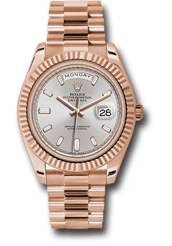 Watches with Multiple Time Zone DisplaysRolex Everose Gold Day-Date 40 Watch - Fluted Bezel - Sundust Baguette-Cut Diamond Dial - President Bracelet - 228235 sdbdp