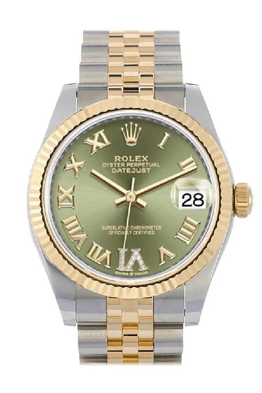 Mechanical Watches with Hand-Winding MechanismRolex Datejust 31 Olive Green Large VI set with Diamonds Dial Fluted Bezel 18K Yellow Gold Two Tone Jubilee Watch 278273 NP