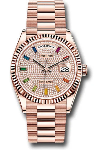 Diamond-Encrusted Luxury Watches for Special OccasionsRolex Everose Gold Day-Date 36 Watch - Fluted Bezel - Diamond-Paved Rainbow Sapphire Dial - President Bracelet - 128235 dprsp