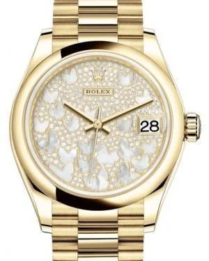 Hybrid Smartwatches with Traditional Watch AestheticsRolex Datejust 31 Lady Midsize Yellow Gold Diamond Pave Mother of Pearl Butterfly Dial & Smooth Domed Bezel President Bracelet 278248