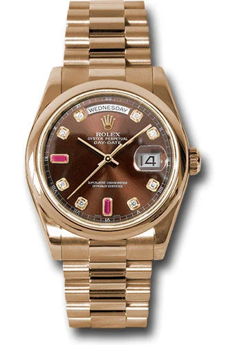 Watches with Gold Plated Cases for a Luxurious LookRolex Everose Gold Day-Date 36 Watch - Domed Bezel - Chocolate Diamond And Ruby Dial - President Bracelet - 118205 chodrp