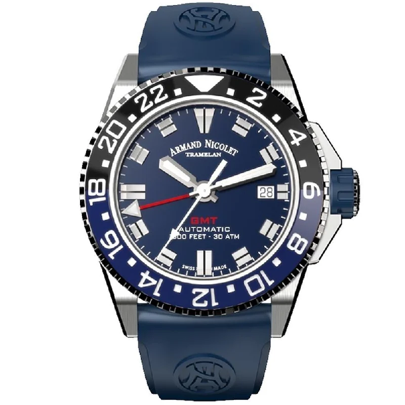 Watches with Temperature SensorArmand Nicolet JS9-41 GMT Stainless Steel Black and Blue Ceramic Bezel