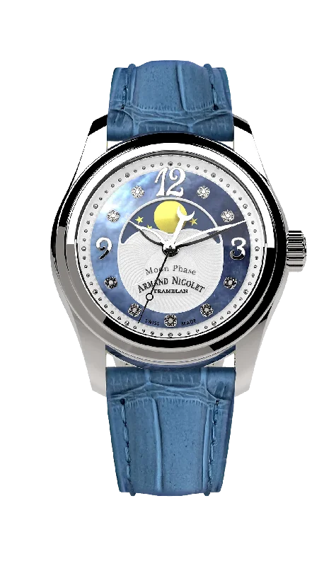 Wooden Cased Watches for a Natural LookArmand Nicolet Ladies Watch M03 Moonphase 34mm Blue Silver A151QAA-AK-P882LV8