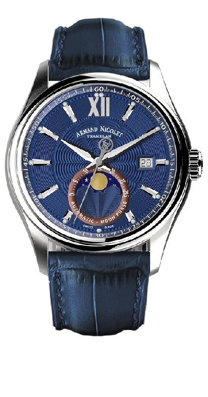 Leather Cuff Watches for a Bohemian LookArmand Nicolet Men's Watch M02 Moonphase 41mm Blue A740L-BU-BP22740UAU