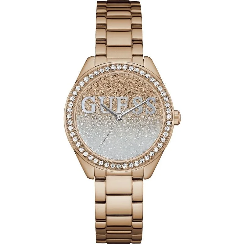 Ceramic Cased Watches with Mother-of-Pearl DialsGuess W0987L3 Ladies Rose Gold Glitter Girl Watch