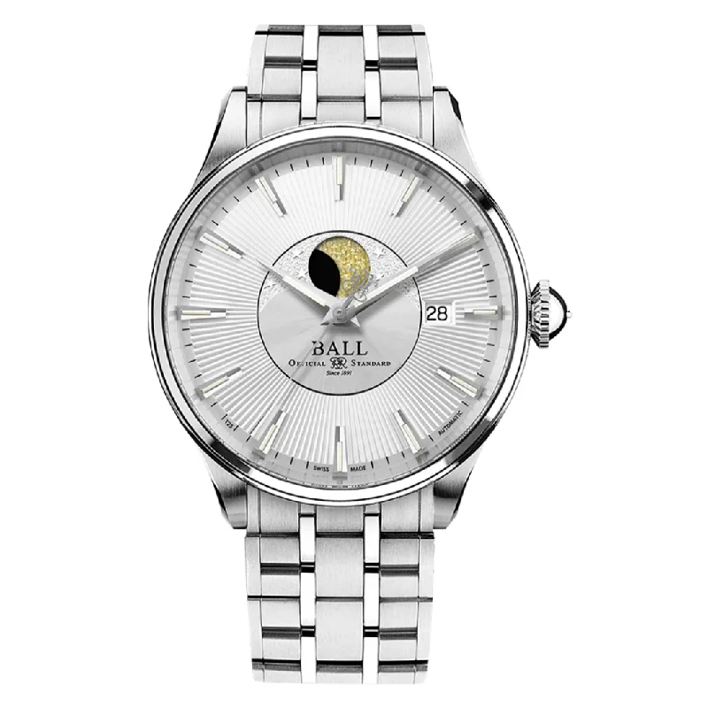 Stainless Steel Dress Watches for BusinessmenBall Men's Watch Trainmaster Moon Phase Silver NM3082D-SJ-SL