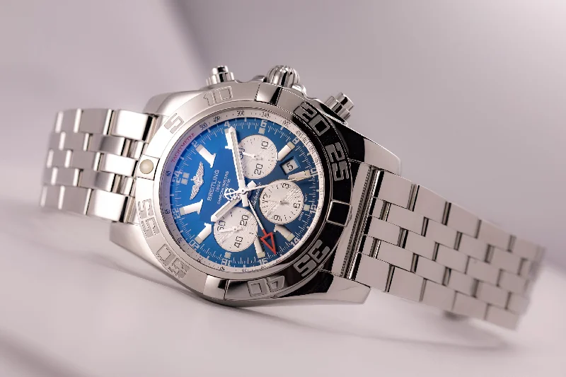 Watches with Glossy Finish Cases for a Shiny AppealBreitling Chronomat GMT Blue Dial Automatic In-House 47 Large Size