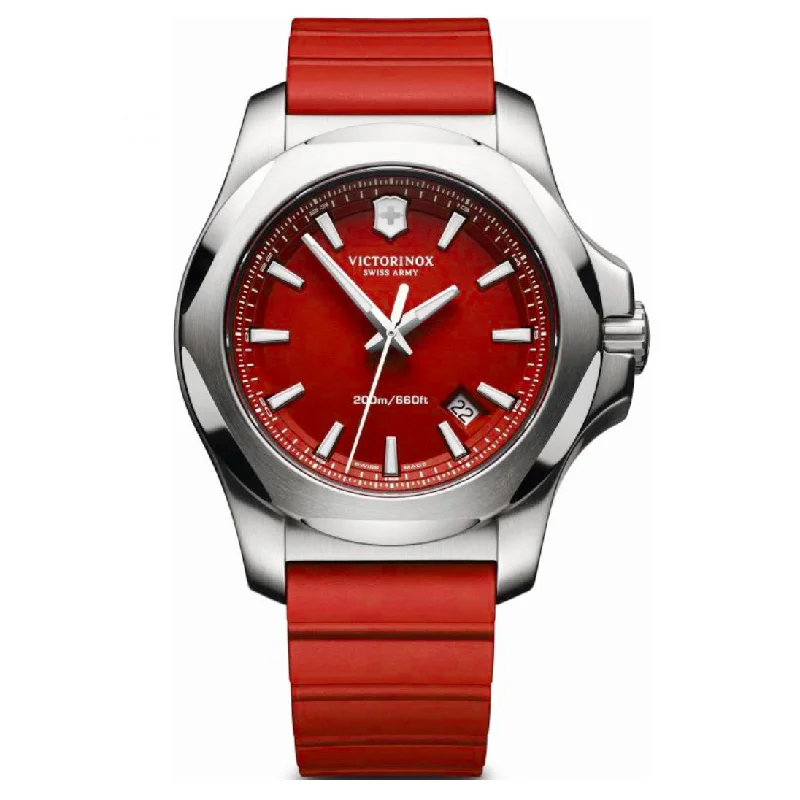 Military Style Watches with Luminescent HandsVictorinox Mens Watch I.N.O.X Red Dial Rubber Strap 241719.1